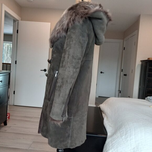 Belle Fare Burnaby Green Toscana Shearling Hooded Coat Sz S - Picture 9 of 16